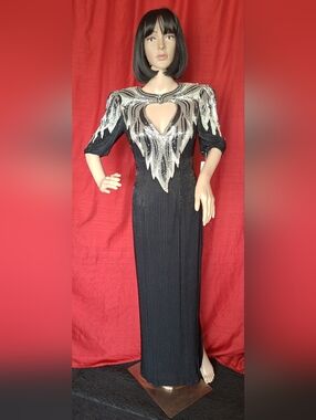 Alcye Designs / Black Maxi Dress with Silver Sequin Yoke / Size 6